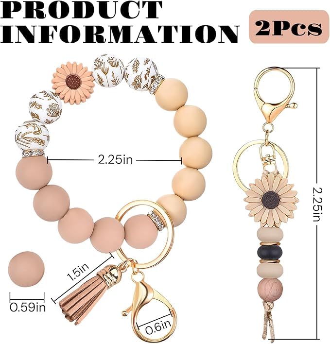 Qubusm 2PCS Bracelet Key Ring Set, Cute Car Key chain Wristlet, Silicone Beaded Bangle keyChains for Women Girls (Classic,Pink) - Image 5