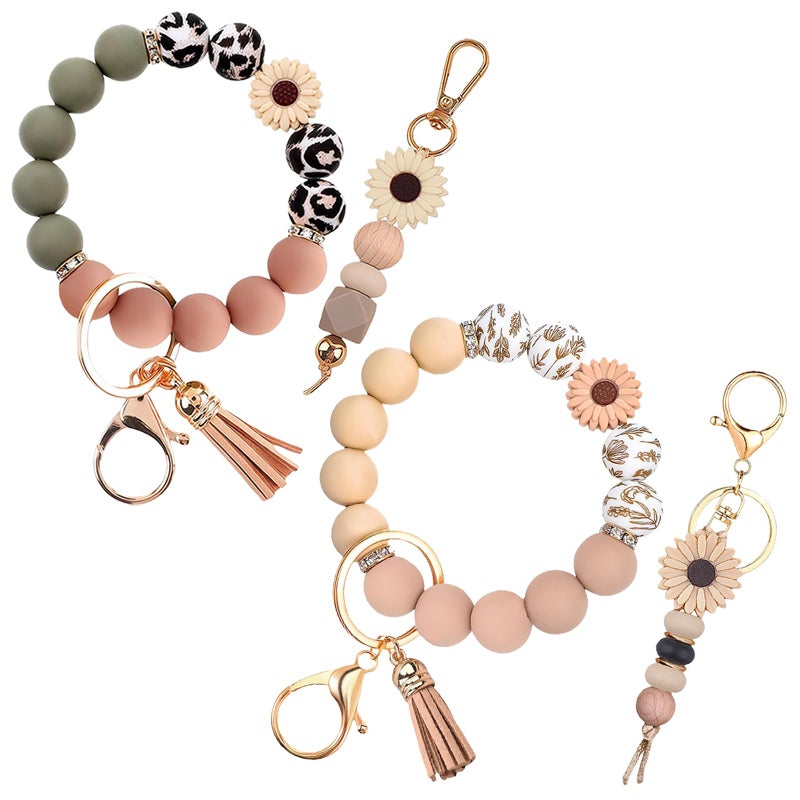 Qubusm 2PCS Bracelet Key Ring Set, Cute Car Key chain Wristlet, Silicone Beaded Bangle keyChains for Women Girls (Classic,Pink) - Image 1