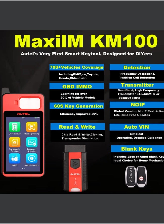 Autel - KM100E Key FOB Programming Tool Autel MaxiIm Car Key Immobilizer Read Write Clone Chip Transponder Simulation Frequency Detection with Blank Autel IKEY for Universal Key Generation - Image 1