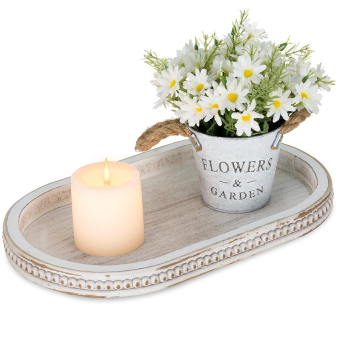 DECORATIVE SERVING TRAY WOOD WHITE WASHED BEAD OVAL TRAY FOR COFFEE TABLE RUSTIC WOODEN TRAYS DECOR FARMHOUSE KITCHEN COUNTER TRAY VINTAGE CENTERPIECE FOR LIVING ROOM HOME ORGANIZER