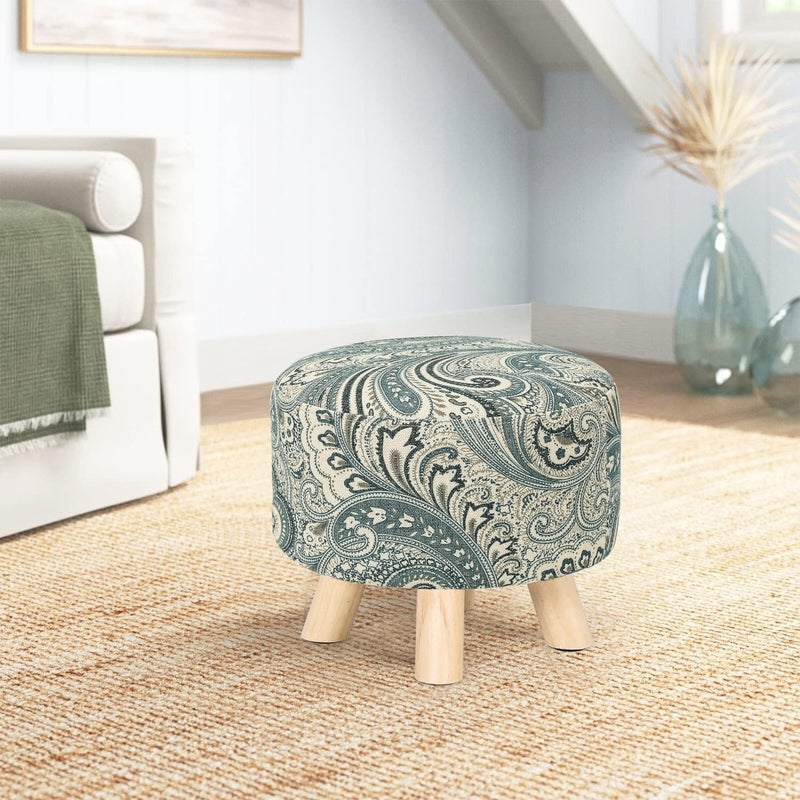Asense Small Round Ottoman Foot Rest Stool Linen Padded Seat Footstool Ottoman with Anti-Slip Wooden Legs (Blue+Beige,Linen) - Image 4