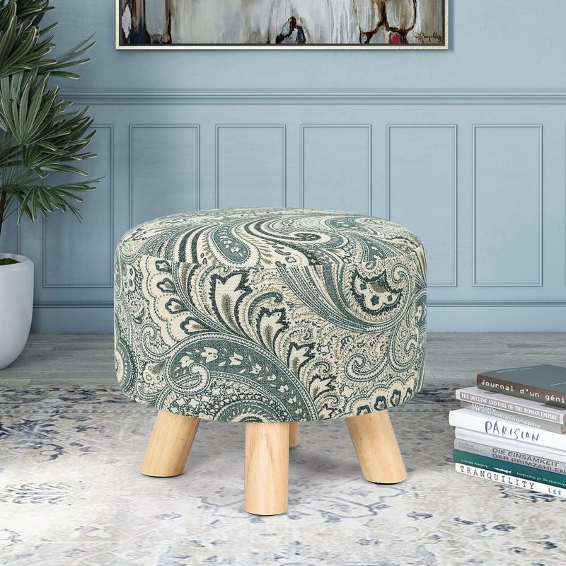 Asense Small Round Ottoman Foot Rest Stool Linen Padded Seat Footstool Ottoman with Anti-Slip Wooden Legs (Blue+Beige,Linen) - Image 2