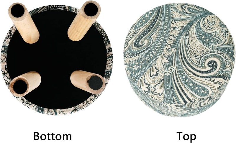 Asense Small Round Ottoman Foot Rest Stool Linen Padded Seat Footstool Ottoman with Anti-Slip Wooden Legs (Blue+Beige,Linen) - Image 5