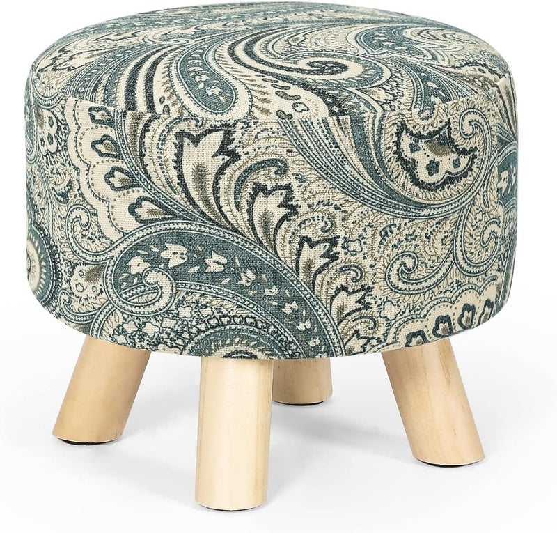 Asense Small Round Ottoman Foot Rest Stool Linen Padded Seat Footstool Ottoman with Anti-Slip Wooden Legs (Blue+Beige,Linen) - Image 1