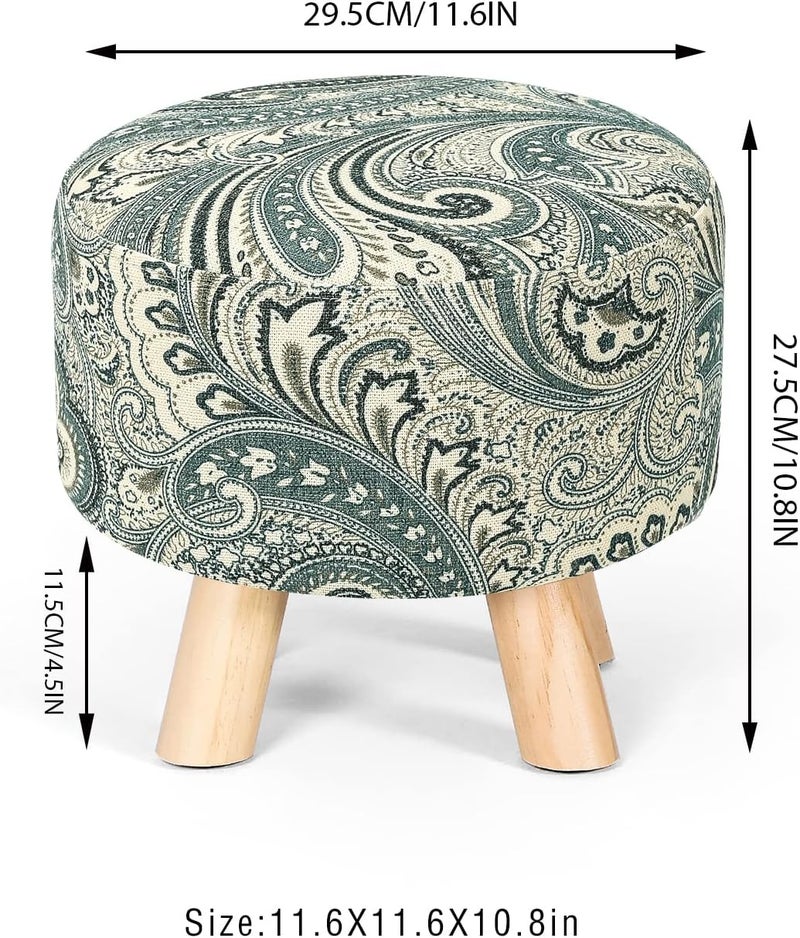 Asense Small Round Ottoman Foot Rest Stool Linen Padded Seat Footstool Ottoman with Anti-Slip Wooden Legs (Blue+Beige,Linen) - Image 3