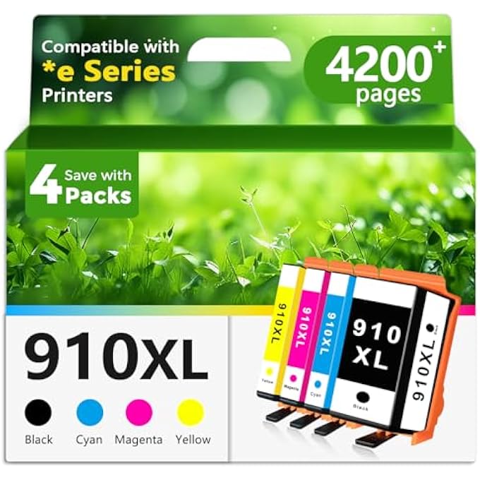 910XL INK CARTRIDGES BLACK COLOR COMBO PACK (4-PACK) REPLACEMENT FOR HP 910 XL WORK WITH OFFICEJET PRO 8015E 8020E 8022E 8025E 8028E 8035E 8010 8022 8020 8025 8028 8035 8010E 8012E PRINTER, BLACK CMY