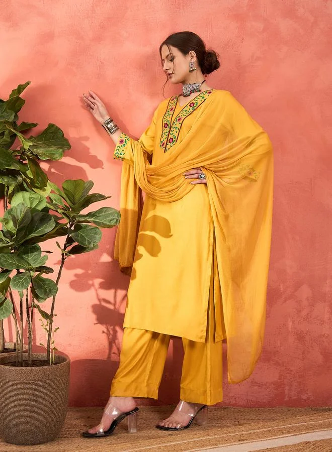 SASSAFRAS SASSAFRAS Mustard Rayon Embroidered Kurta with Pencil Pants and Dupatta Set