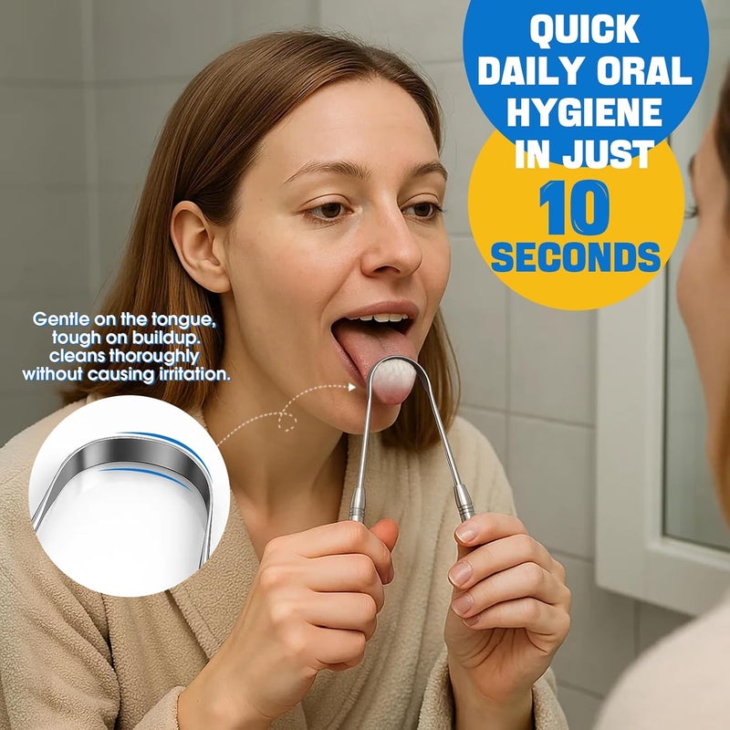 COSMOPLUS Stainless Steel Tongue Scraper Set for Oral Care - 2 Pack with Travel Cases and Floss Picks - Image 2