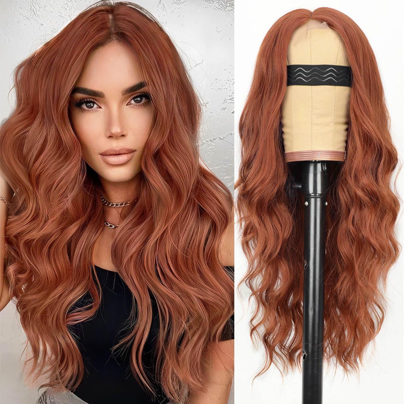 AISI HAIR Auburn Wigs for Women, Long Wavy Lace Hairline Middle Part Synthetic Heat Resistant Wig for Daily Party-26 Inch - Image 1