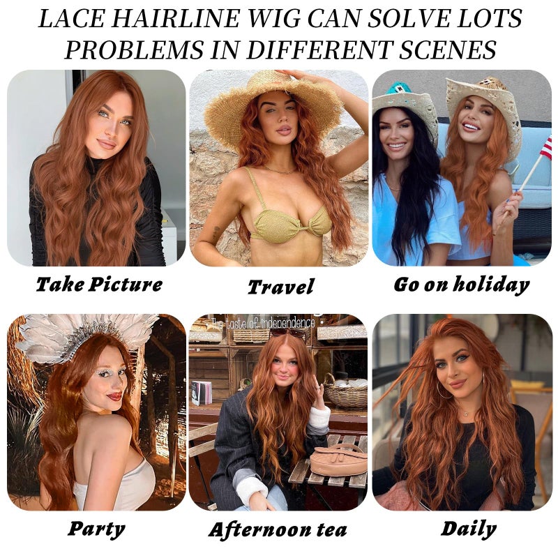 AISI HAIR Auburn Wigs for Women, Long Wavy Lace Hairline Middle Part Synthetic Heat Resistant Wig for Daily Party-26 Inch - Image 3