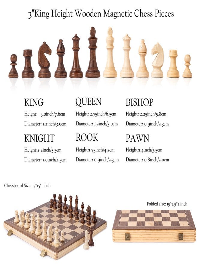 A&A 15" Magnetic Wooden Chess & Checkers Set/Folding Board / 3" King Height German Knight Staunton Chess Pieces/Walnut & Maple Inlaid /2 Extra Queen - Image 3