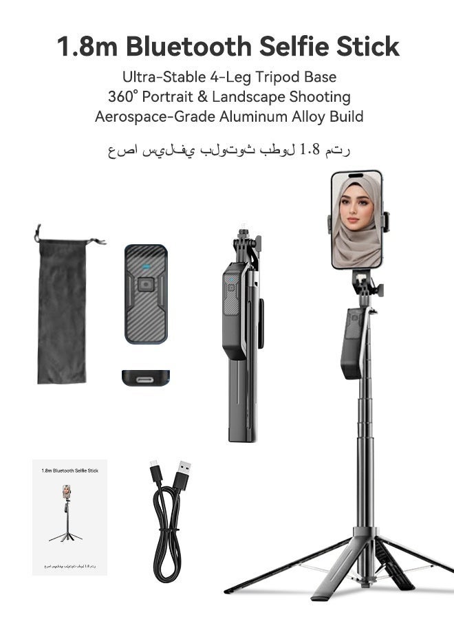 Neyecam 71"(1.8M) Multifunctional Selfie Stick with Quad-Leg Tripod Base, Bluetooth Wireless Remote, Portable Retractable Design, Compatible with Phones & Cameras (1/4" Screw) for Travel, TikTok, Vlogging & Group Photos - Image 3