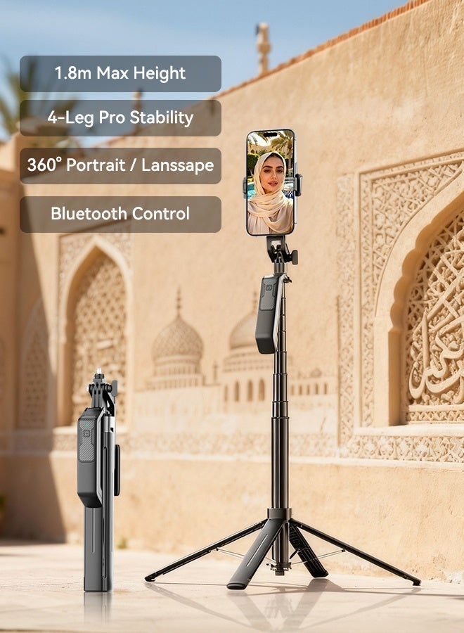 Neyecam 71"(1.8M) Multifunctional Selfie Stick with Quad-Leg Tripod Base, Bluetooth Wireless Remote, Portable Retractable Design, Compatible with Phones & Cameras (1/4" Screw) for Travel, TikTok, Vlogging & Group Photos - Image 4