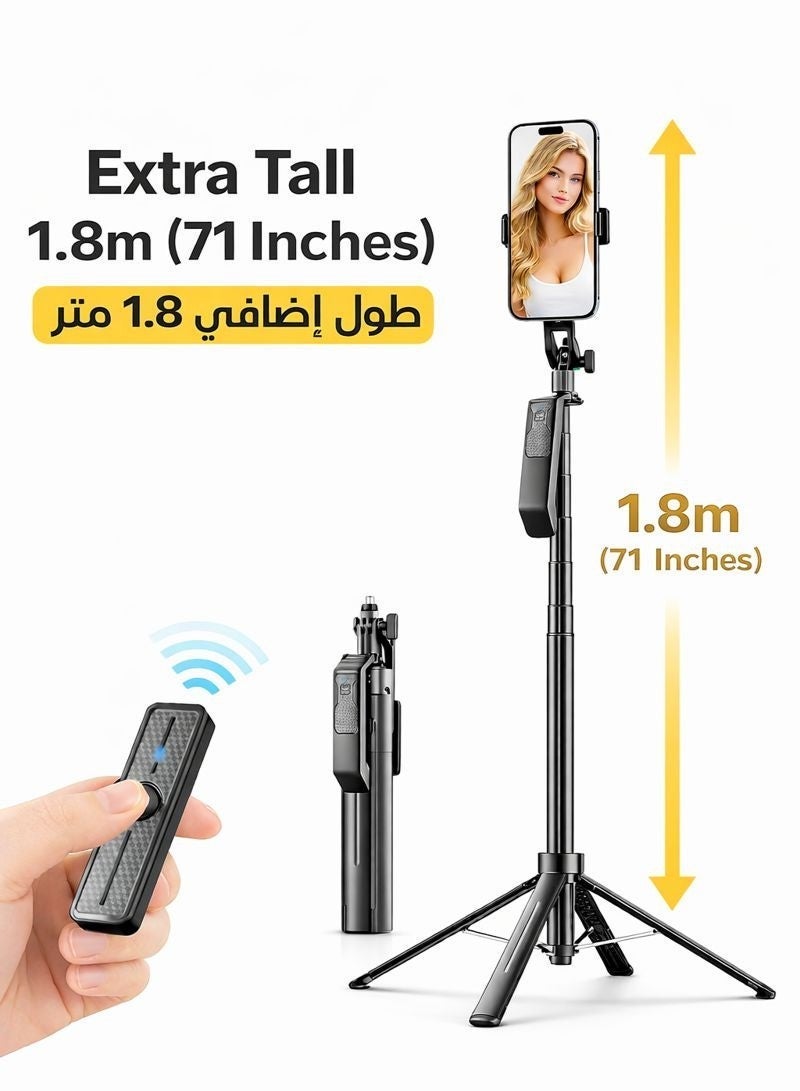 Neyecam 71"(1.8M) Multifunctional Selfie Stick with Quad-Leg Tripod Base, Bluetooth Wireless Remote, Portable Retractable Design, Compatible with Phones & Cameras (1/4" Screw) for Travel, TikTok, Vlogging & Group Photos - Image 1