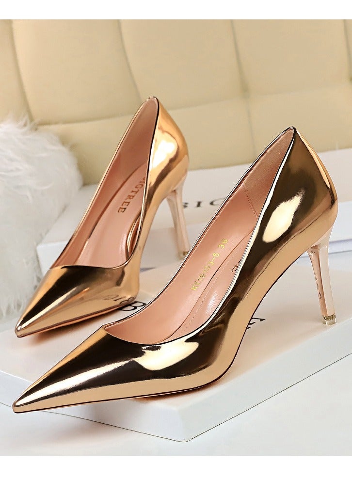 BIGTREE Women's Comfortable Shiny Stiletto Pumps 7.5cm Elegant Gorgeous Closed Pointed Toe Slip On Solid High Heels Champagne