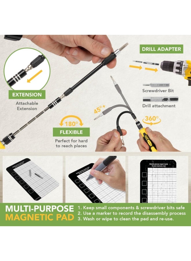 Relex 115-in-1 Precision Screwdriver Sets, Professional Repair Tool Kit with Flat Head & Multiple Bits for Electronics, Phone, Watch, Automotive Maintenance - Magnetic, Non-Slip Handle & Tweezers (Yellow) - Image 4