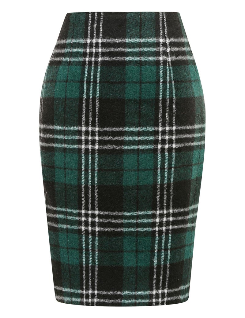 IDEALSANXUN Green Skirts for Women Fall Fashion 2023 Wool Plaid Tweed High Waisted Knee Length Pencil Midi Skirt with Slit Winter Clothes(Green 1, L) - Image 1