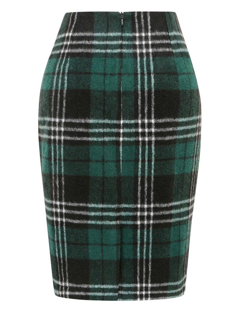 IDEALSANXUN Green Skirts for Women Fall Fashion 2023 Wool Plaid Tweed High Waisted Knee Length Pencil Midi Skirt with Slit Winter Clothes(Green 1, L) - Image 2