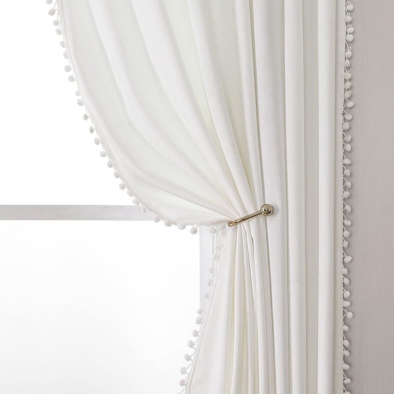 MISS SELECTEX White Velvet Curtains for Living Room  Pom Pom Tasseled Room Darkening Drapes 72 Inch Length Light Blocking Soft Luxury Grommet Privacy Window Curtain Panels for Bedroom 42x72White