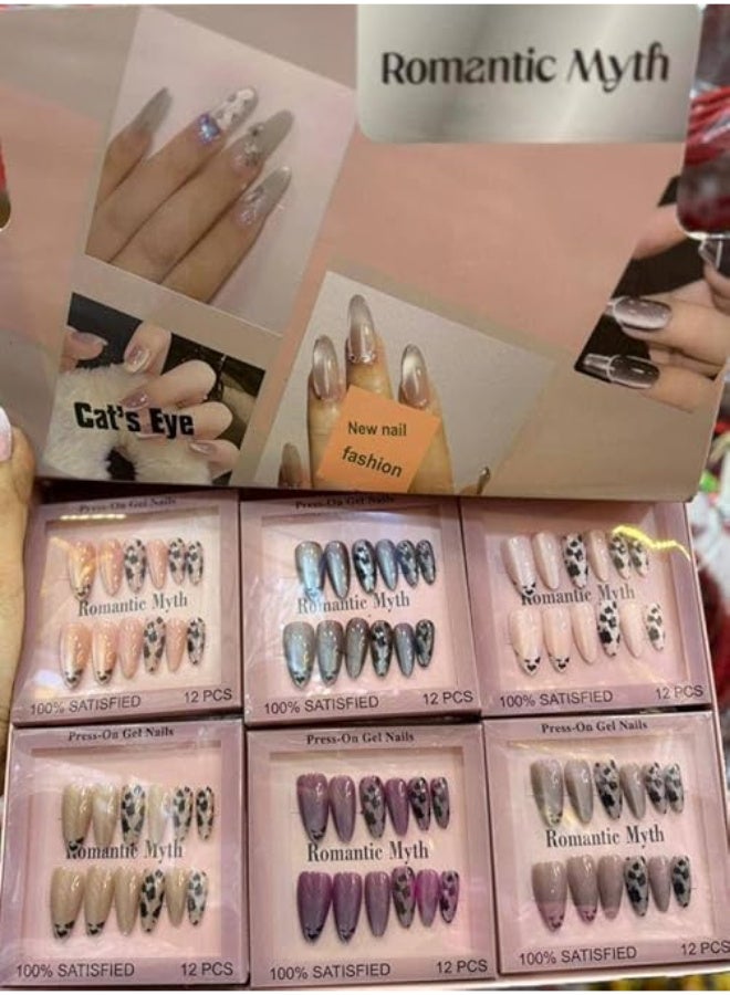 أظافر صناعية لامعة مستورده تثبت بالضغط ، مجموعة أظافر تركيب عن طريق الضغط من 6 لونُا بتغطية كاملة، شكل مستطيل وقصير وبيضاوي للنساء والفتيات،لون لامع