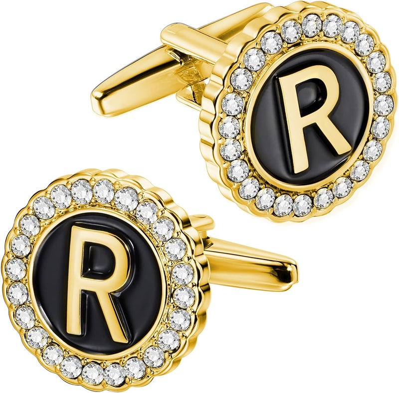 HAWSON A-Z Initial Cufflinks for Men and Women with Clear Crystal, Gold Silver Color Rasied Letter A-Z Cuff Links for French Shirt, Gift for Normal and Business Wearing - Image 1
