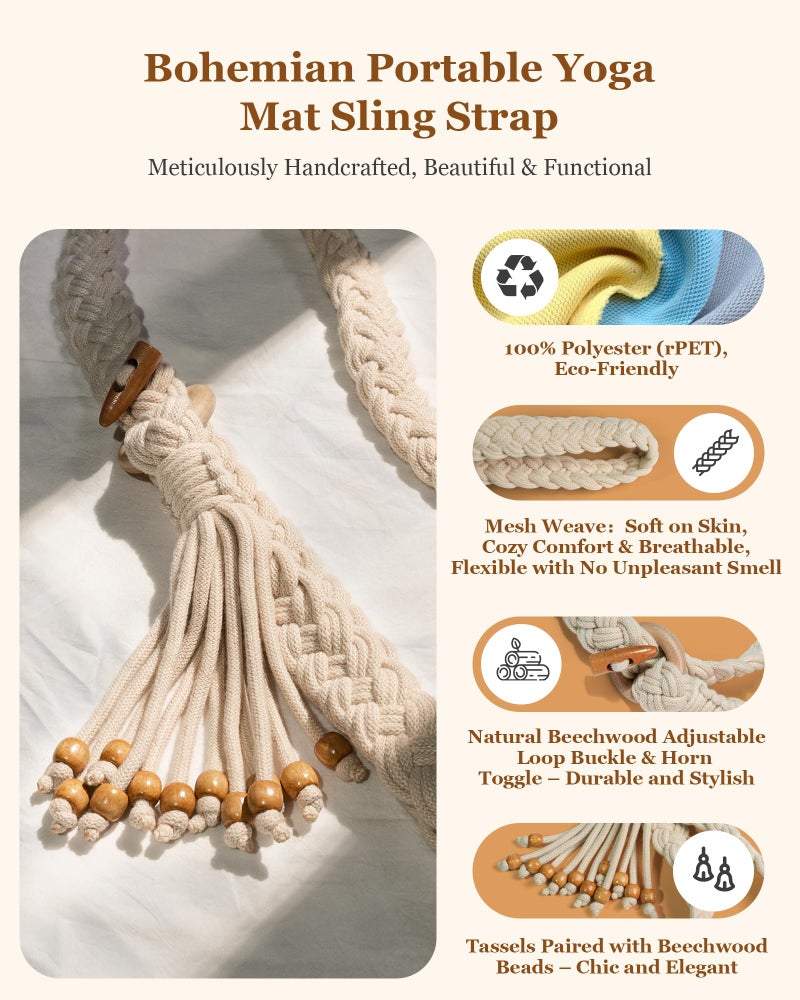 Eptusmey Yoga Mat Straps for Carrying, Handmade Braided Boho Bead Tassel Macrame Strap, Adjustable Thick Yoga Mat Carrier/Holder/Organizing, Stretching Band, Gifts for Women (Mat Not Included) - Image 2