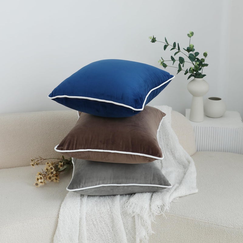 LIGICKY Set of 2 Grey Velvet Throw Pillow Covers Modern Minimalist Style Solid Decorative White Rope Edging Soft Square Cushion Cases for Sofa Bedroom Party DÃ©cor, 26 x 26 inch - Image 3