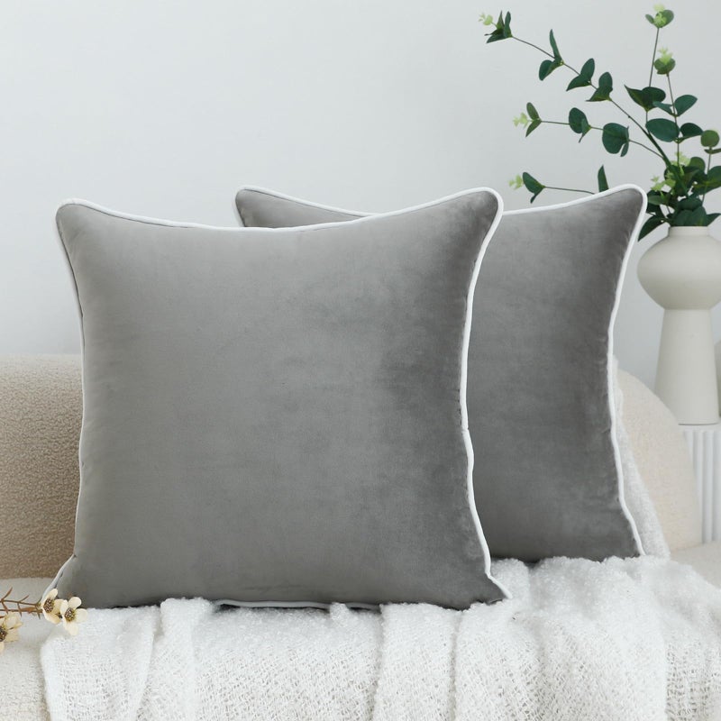 LIGICKY Set of 2 Grey Velvet Throw Pillow Covers Modern Minimalist Style Solid Decorative White Rope Edging Soft Square Cushion Cases for Sofa Bedroom Party DÃ©cor, 26 x 26 inch - Image 1