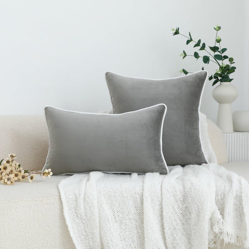 LIGICKY Set of 2 Grey Velvet Throw Pillow Covers Modern Minimalist Style Solid Decorative White Rope Edging Soft Square Cushion Cases for Sofa Bedroom Party DÃ©cor, 26 x 26 inch - Image 2