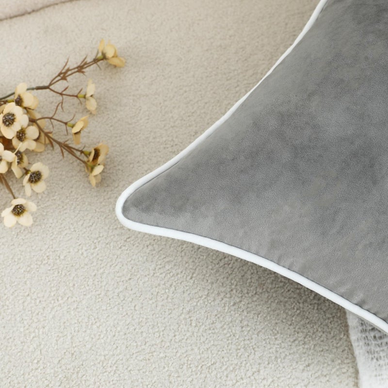 LIGICKY Set of 2 Grey Velvet Throw Pillow Covers Modern Minimalist Style Solid Decorative White Rope Edging Soft Square Cushion Cases for Sofa Bedroom Party DÃ©cor, 26 x 26 inch - Image 5