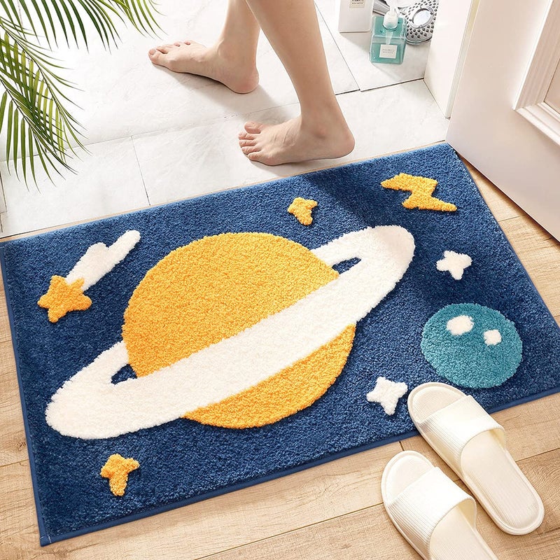Tyrafry Bath Rug Cute Space Bathroom Rug Mat for Bathroom Soft Microfiber Rug Water Absorbent Bath Mat fot Kids Bedroom Kitchen Dinning Non Skid Machine Washable Funny Rug Planet 20x31