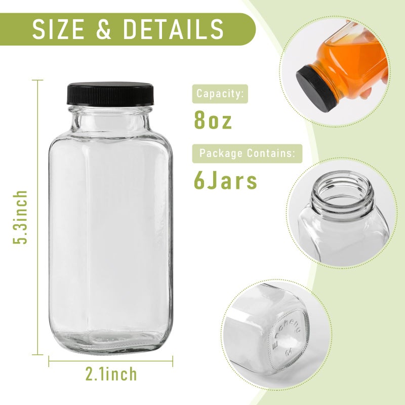 SZUAH 8 oz Glass Juice Bottles with Lids 6 Pack,Reusable Water Bottle,Juicing Bottles for Smoothies, Milk, Storage, Small and portable(240mlï¼ŒSet of 6) - Image 2