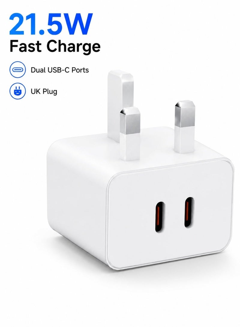 ليوكسول شاحن USB-C مزدوج | محول حائط ثلاثي الأطراف للشحن السريع بقوة 21.5 واط | شاحن من النوع C مع كابل لأجهزة iPhone و iPad و AirPods و Watch - Image 1