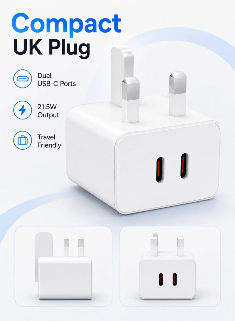 ليوكسول شاحن USB-C مزدوج | محول حائط ثلاثي الأطراف للشحن السريع بقوة 21.5 واط | شاحن من النوع C مع كابل لأجهزة iPhone و iPad و AirPods و Watch - Image 2