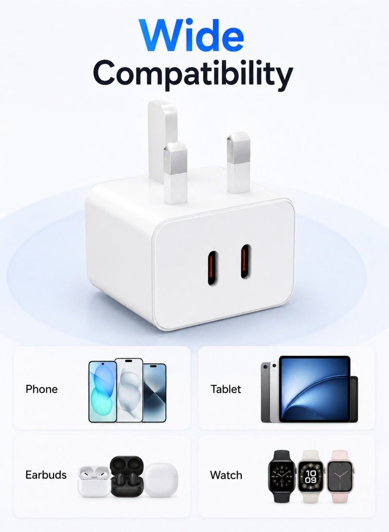 ليوكسول شاحن USB-C مزدوج | محول حائط ثلاثي الأطراف للشحن السريع بقوة 21.5 واط | شاحن من النوع C مع كابل لأجهزة iPhone و iPad و AirPods و Watch - Image 3