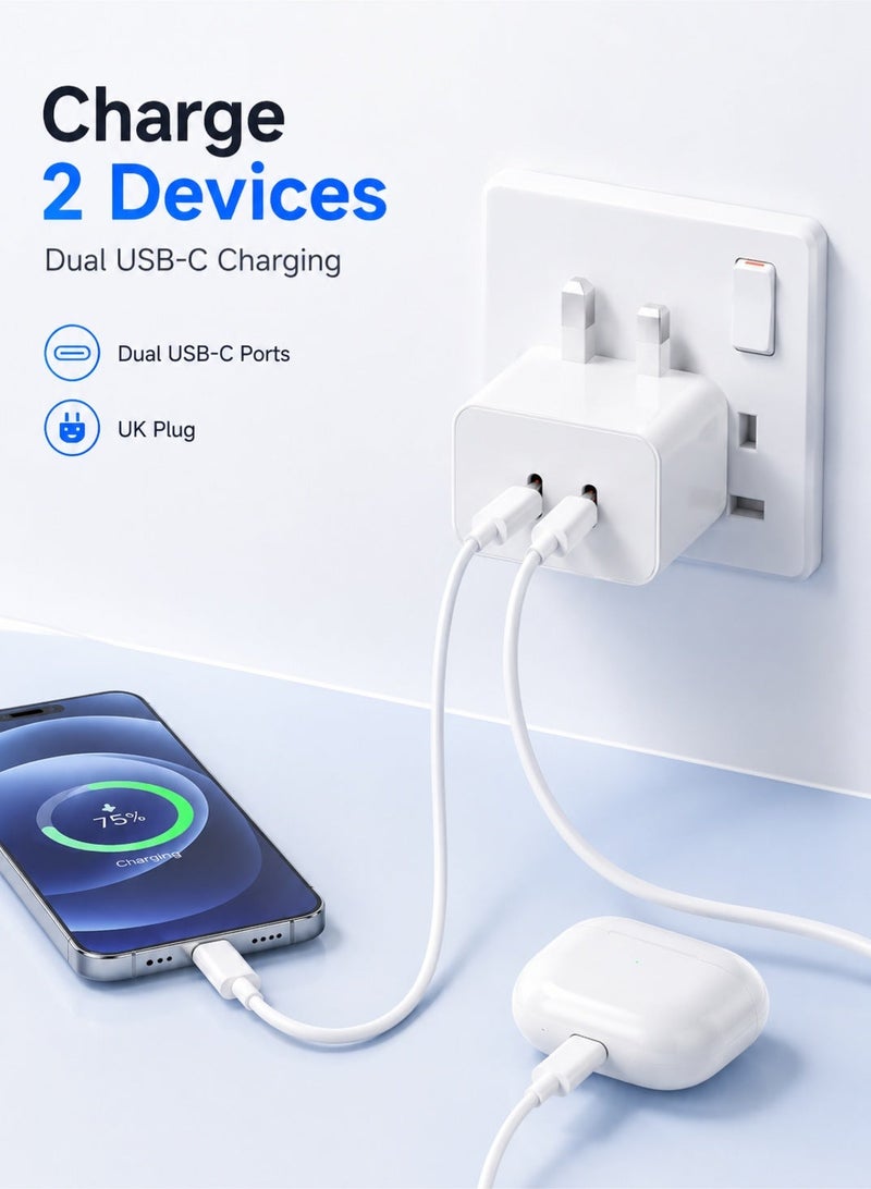ليوكسول شاحن USB-C مزدوج | محول حائط ثلاثي الأطراف للشحن السريع بقوة 21.5 واط | شاحن من النوع C مع كابل لأجهزة iPhone و iPad و AirPods و Watch - Image 4