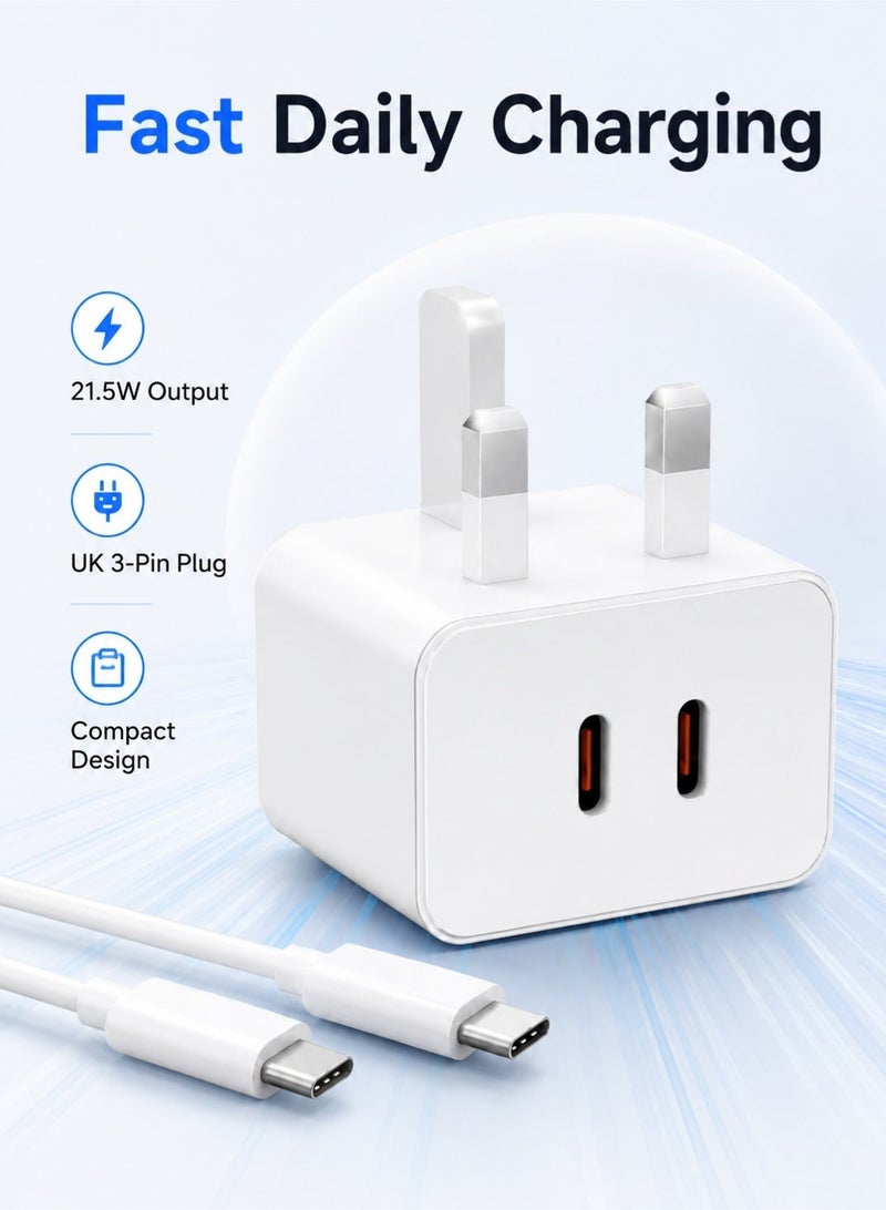 ليوكسول شاحن USB-C مزدوج | محول حائط ثلاثي الأطراف للشحن السريع بقوة 21.5 واط | شاحن من النوع C مع كابل لأجهزة iPhone و iPad و AirPods و Watch - Image 5