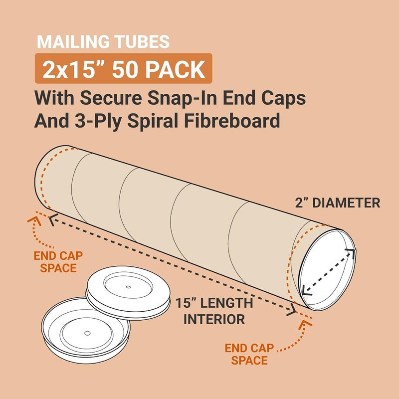 Aviditi Mailing Tubes with Caps, 2"L x 15"W, 50-Pack | Cardboard Tube Mailer for Poster Box, Blueprint, Teachers, Artwork, Long Art Holder 2x15 - Image 2
