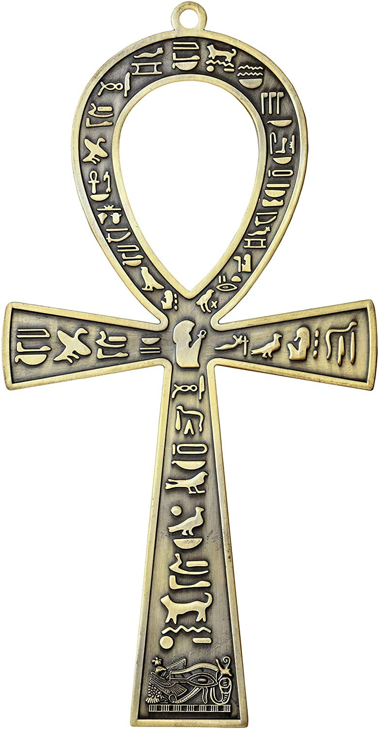 NileCart 7 in large metal Egyptian ANKH Cross Made in Egypt with an ancient Egyptian hieroglyphic symbols on both sides Antique Brass Tone