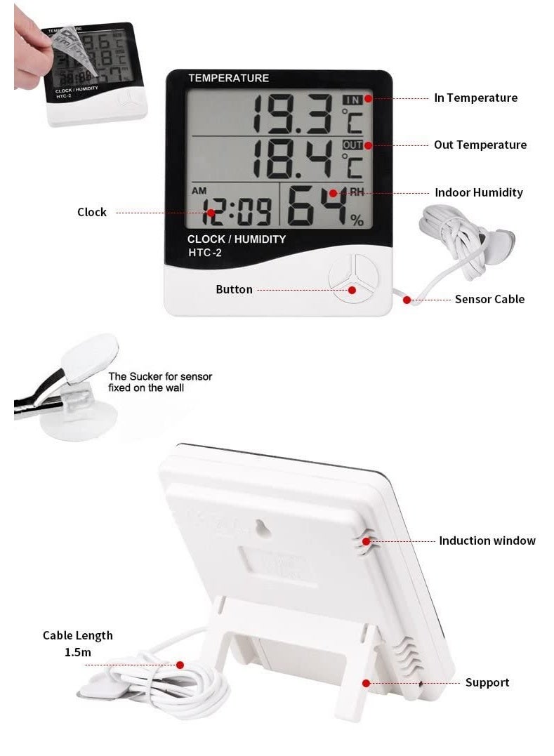 AMM HTC-2 Digital Thermo-Hygrometer with Indoor/Outdoor Temperature Meter, Humidity Display & Clock – Large LCD Screen - Image 5