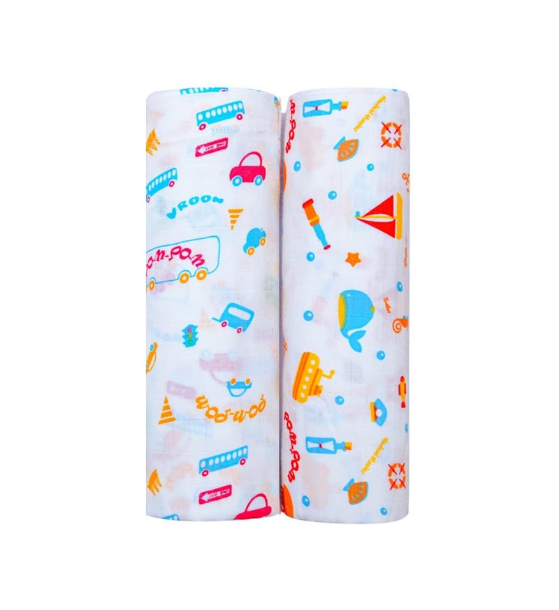 BUMSIES Swaddle for Babies -100% Muslin Cotton Soft 2-Layer Swaddle/Blanket/Multipurpose Wrap for New Born Baby Girl & Boy 90X90 cm, 0-6 Months, Set of 2, Traffic & Aqua Print - Image 1