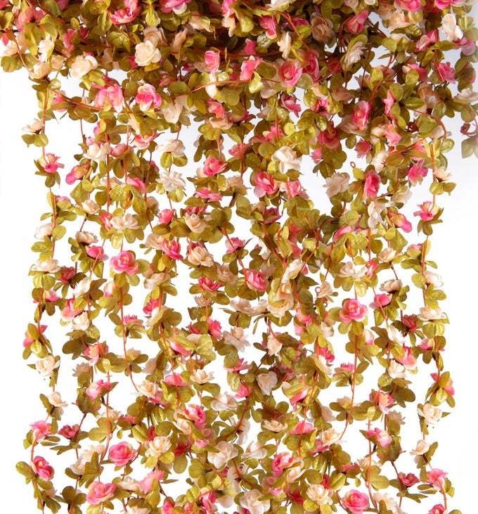 6 PCS X 82 FT FLOWER GARLAND ARTIFICIAL ROSE VINE FLOWERS WITH GREEN LEAVES HANGING FAKE ROSES VINE FOR ROOM PARTY HOME WEDDING BIRTHDAY CHRISTMAS WALL ARCH DECOR PINK CHAMPAGNE FLOWER