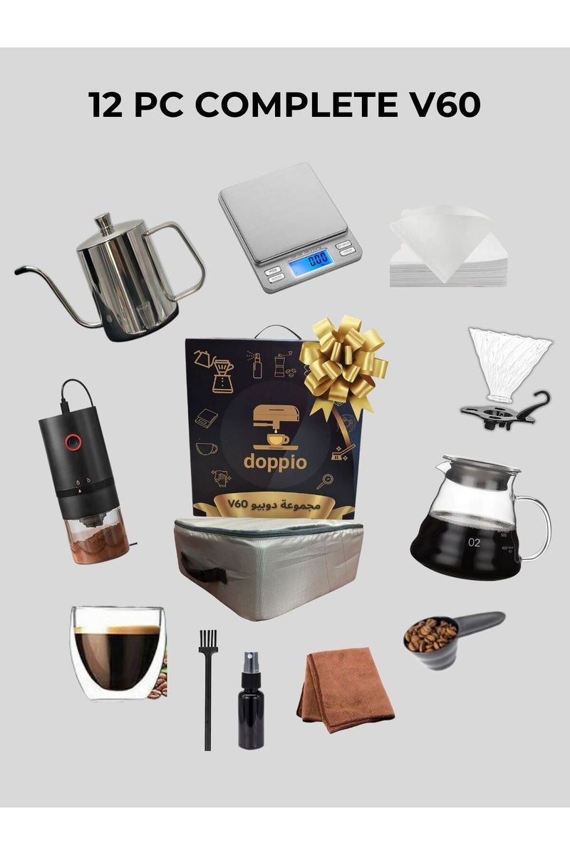 Doppio دوبّيو V60 مجموعة القهوة الكهربائية لصب القهوة – مجموعة 12 قطعة مع مطحنة كهربائية - Image 2