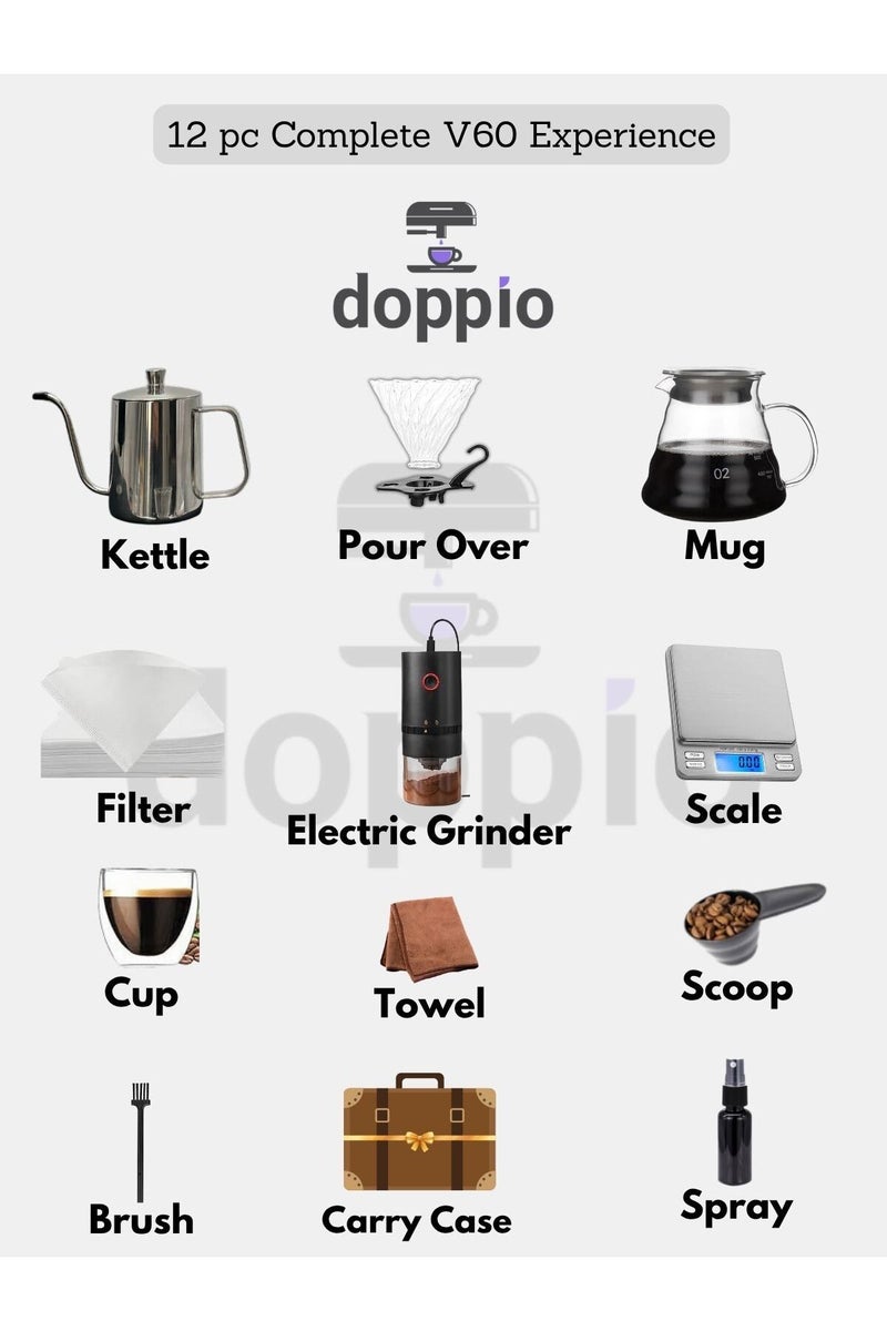 Doppio دوبّيو V60 مجموعة القهوة الكهربائية لصب القهوة – مجموعة 12 قطعة مع مطحنة كهربائية - Image 4