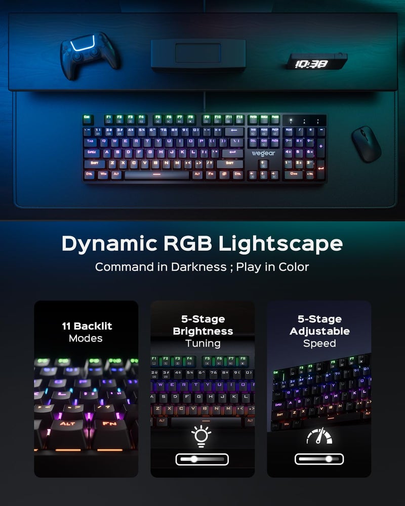 wegear Mechanical Gaming Keyboard with Blue Switch, 104-Key Full Size RGB Backlit Wired Keyboardï¼ˆ11 Modes, Anti-Ghosting, Double-Shot ABS Keycaps, Lighted Computer Key-Board for PC Windows-Black - Image 3