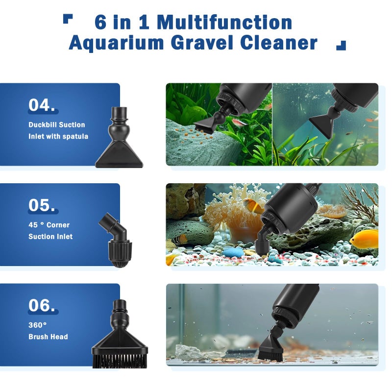 AQQA Aquarium Gravel Cleaner Kit, 6 in 1 Electric Fish Tank Vacuum Cleaning Tools Water Changer, Multifunction Wash Sand Filter Water Circulation 20W 320GPH 110V - Image 3