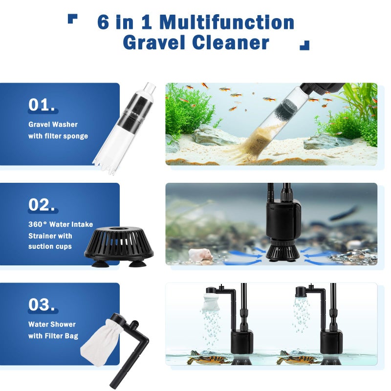 AQQA Aquarium Gravel Cleaner Kit, 6 in 1 Electric Fish Tank Vacuum Cleaning Tools Water Changer, Multifunction Wash Sand Filter Water Circulation 20W 320GPH 110V - Image 2