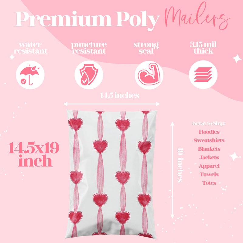 Pretty Package Store 14.5x19 Designer Poly Mailer 100 Pack Heavy Duty Waterproof Self Seal Shipping Bags for Small Business Large Mailing Envelopes Bulk Tear Resistant Packaging Valentine Heart - Image 2