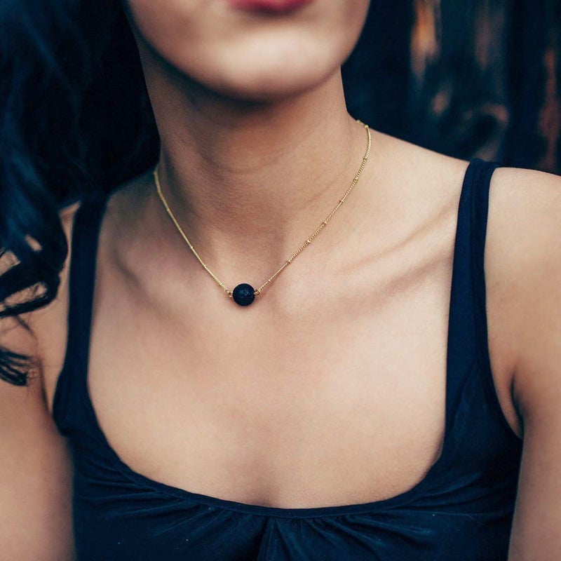 Aobei Pearl Aobei Pearl Lava Stone Pendant Necklace 18K Gold Satellite Chain Choker Essential Oil Diffuser Jewelry for Women 16''  - Image 2
