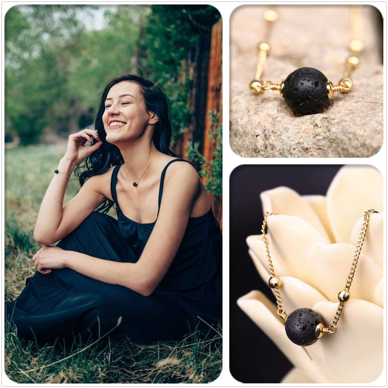 Aobei Pearl Aobei Pearl Lava Stone Pendant Necklace 18K Gold Satellite Chain Choker Essential Oil Diffuser Jewelry for Women 16''  - Image 5